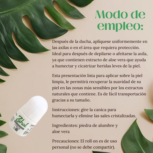 Desodorante Natural de Piedra de Alumbre ZAHAL Roll On Unisex 30 ml – Sin Clorhidrato de Aluminio, Sin Alcohol, Sin Fragancia, Sin Parabenos – Con Aloe Vera – Vegano, Orgánico, No Tóxico, pH Neutro
