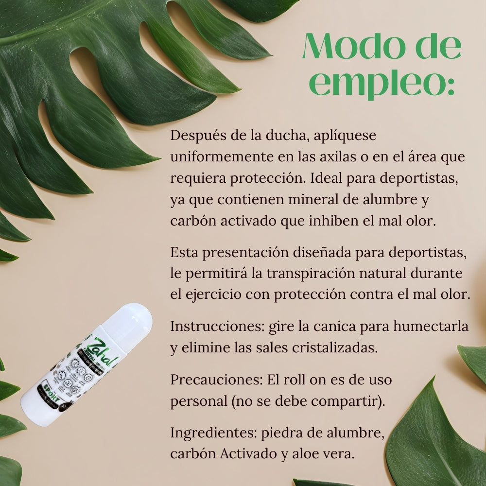 Desodorante Natural de Piedra de Alumbre ZAHAL Roll On Sport Cabón Activado 90 ml – Sin Clorhidrato de Aluminio, Sin Alcohol, Sin Fragancia, Sin Parabenos – Con Aloe Vera – Vegano, Orgánico, No Tóxico, pH Neutro