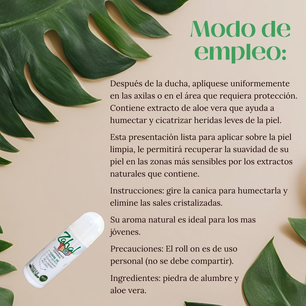 Desodorante Natural de Piedra de Alumbre ZAHAL Roll On Teens 90 ml – Sin Clorhidrato de Aluminio, Sin Alcohol, Sin Fragancia, Sin Parabenos – Con Aloe Vera – Vegano, Orgánico, No Tóxico, pH Neutro