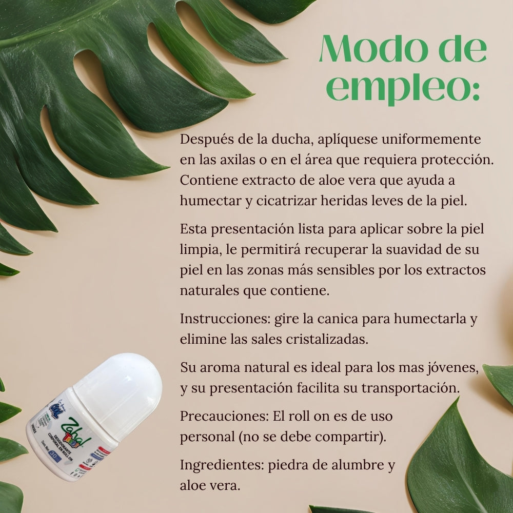 Desodorante Natural de Piedra de Alumbre ZAHAL Roll On Teens 90 ml – Sin Clorhidrato de Aluminio, Sin Alcohol, Sin Fragancia, Sin Parabenos – Con Aloe Vera – Vegano, Orgánico, No Tóxico, pH Neutro
