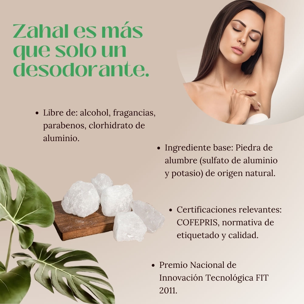 Desodorante Natural en Stick Piedra de Alumbre en corcho ZAHAL 60 g Unisex – Sin Clorhidrato de Aluminio, Sin Parabenos, Sin Alcohol, Sin Aroma, Vegano, Orgánico, No Mancha la piel ni la ropa, pH Neutro