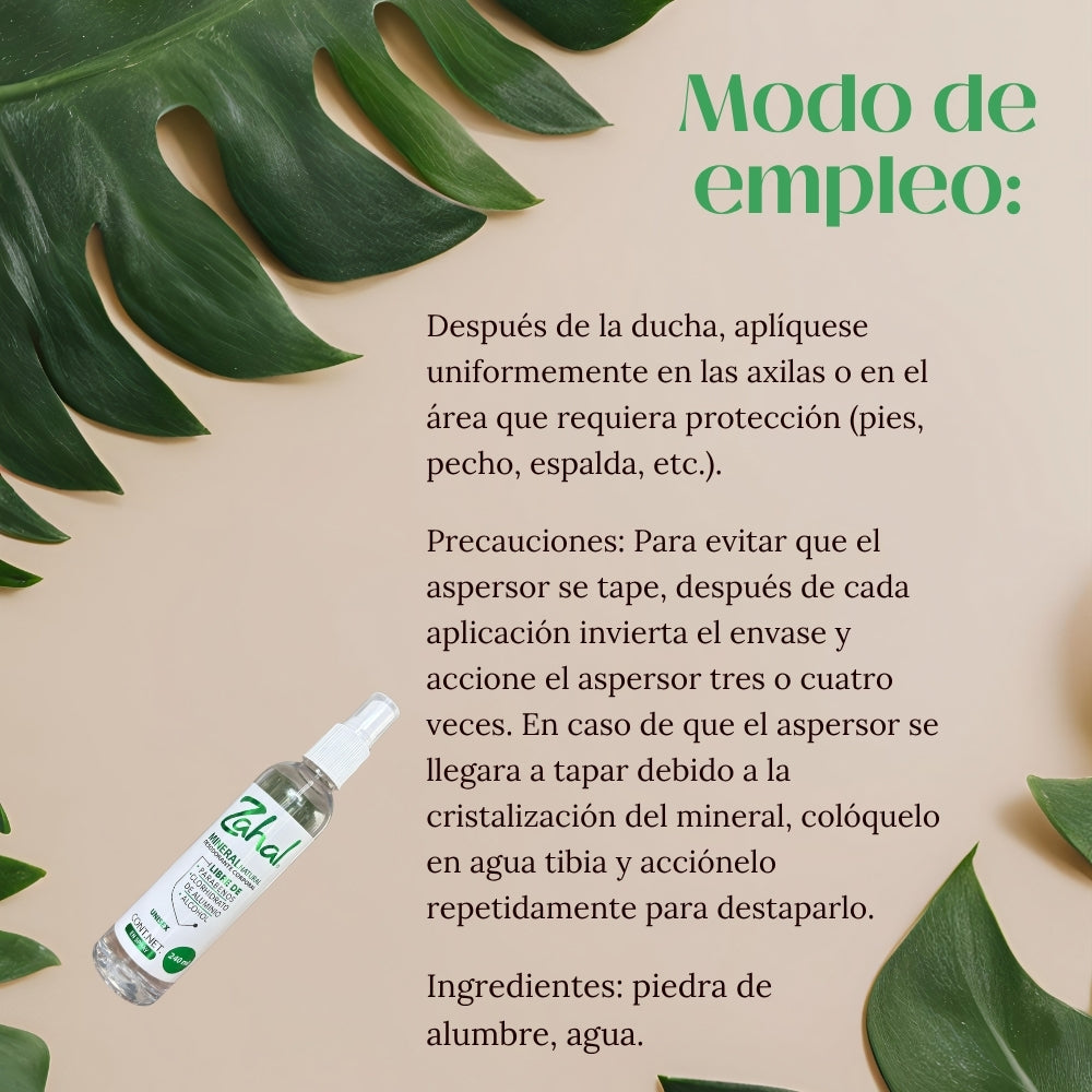 Desodorante Natural de Piedra de Alumbre ZAHAL Spray Corporal Unisex 240 ml – Sin Clorhidrato de Aluminio, Sin Alcohol, Sin Fragancia, Sin Parabenos – Vegano, Orgánico, No Tóxico, pH Neutro