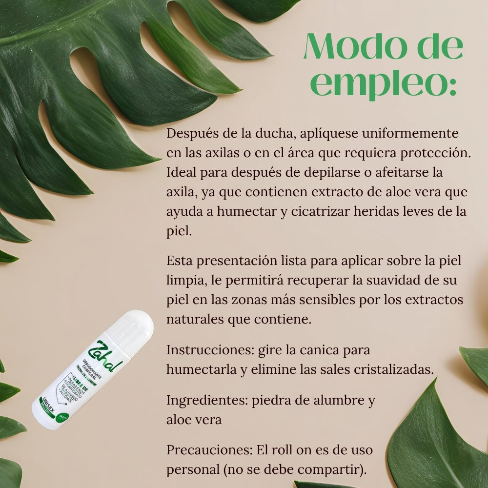 Desodorante Natural de Piedra de Alumbre ZAHAL Roll On Unisex 90 ml – Sin Clorhidrato de Aluminio, Sin Alcohol, Sin Fragancia, Sin Parabenos – Con Aloe Vera – Vegano, Orgánico, No Tóxico, pH Neutro
